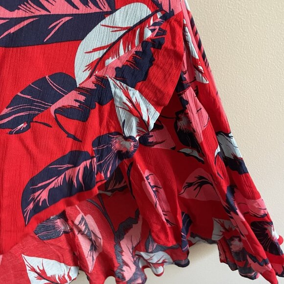 Express Women XXS Red Leaf Print Tropical Hawaiian Ruffle High Low Midi Sundress - Picture 4 of 10